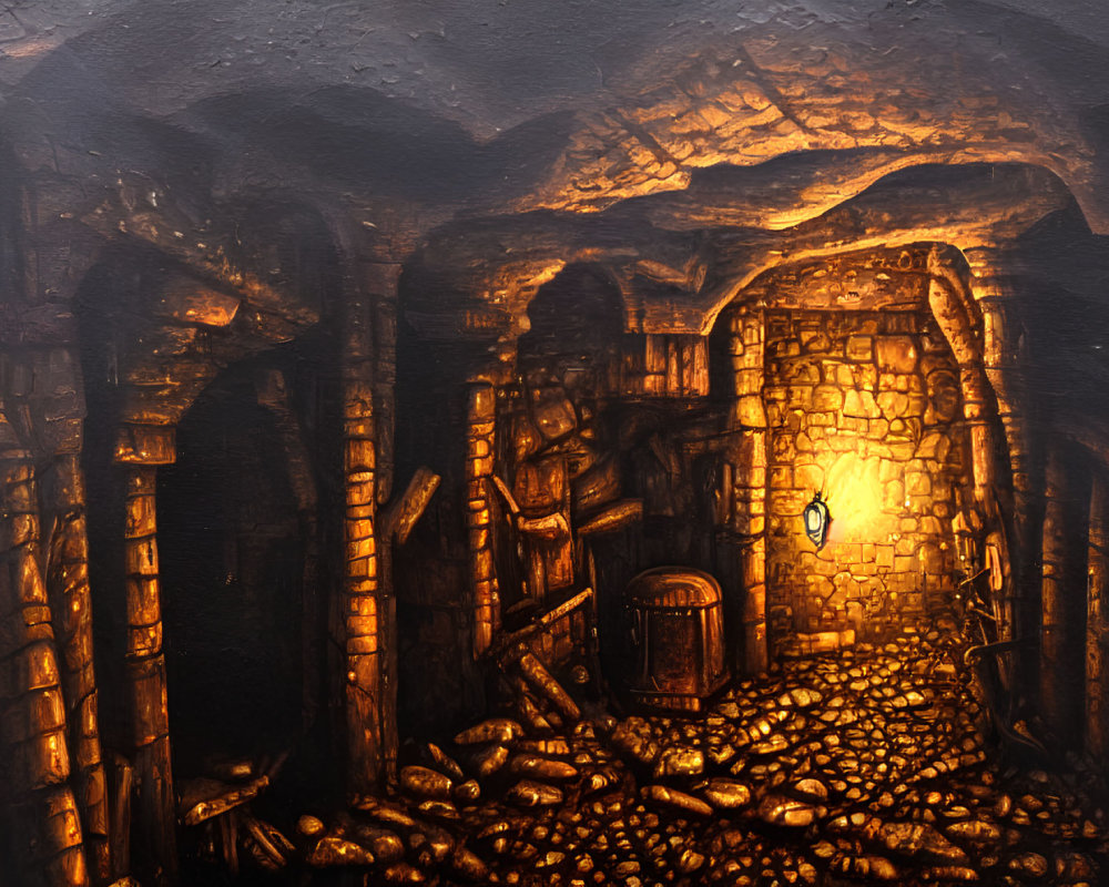 Dimly Lit Stone Dungeon with Arched Gateway and Lantern