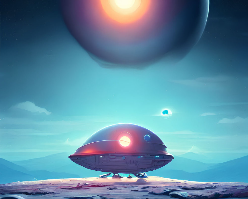 Futuristic spaceship on barren alien landscape with large sun & smaller celestial body