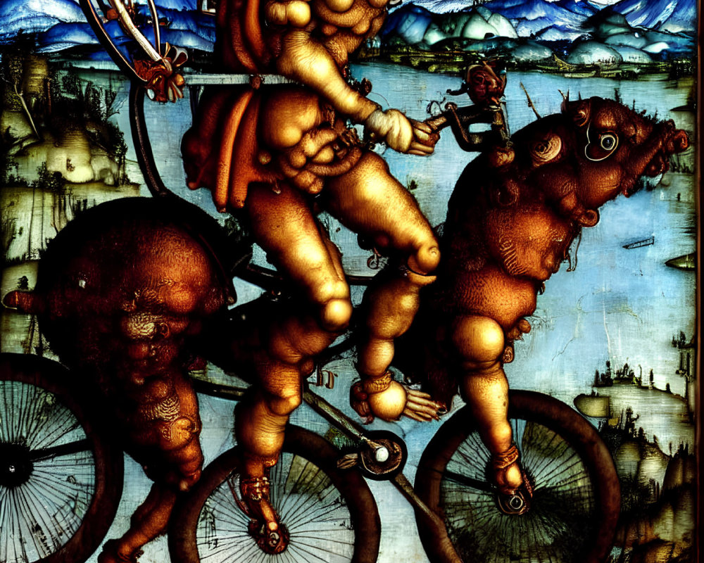 Detailed Artwork of Muscular Figures on Tandem Bicycles in Mountain Setting