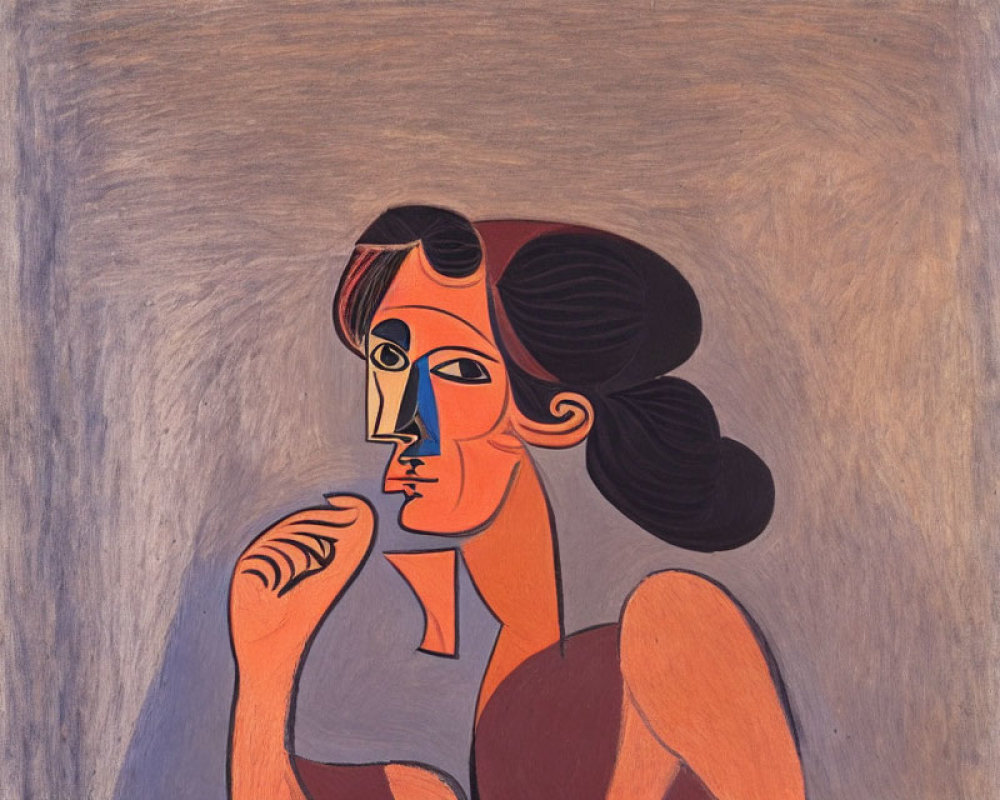 Abstract portrait of a woman with prominent eyes and thoughtful pose