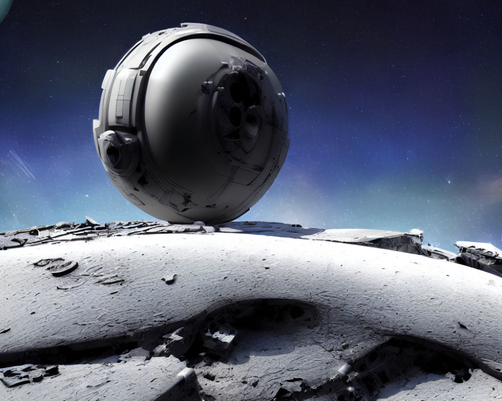 Spherical sci-fi spacecraft on rugged alien terrain with planet and stars