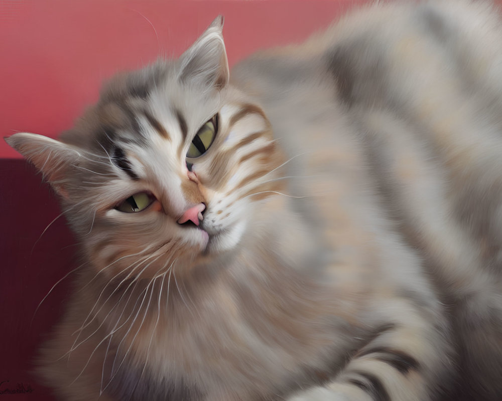 Fluffy cat with green eyes and pink nose on red background