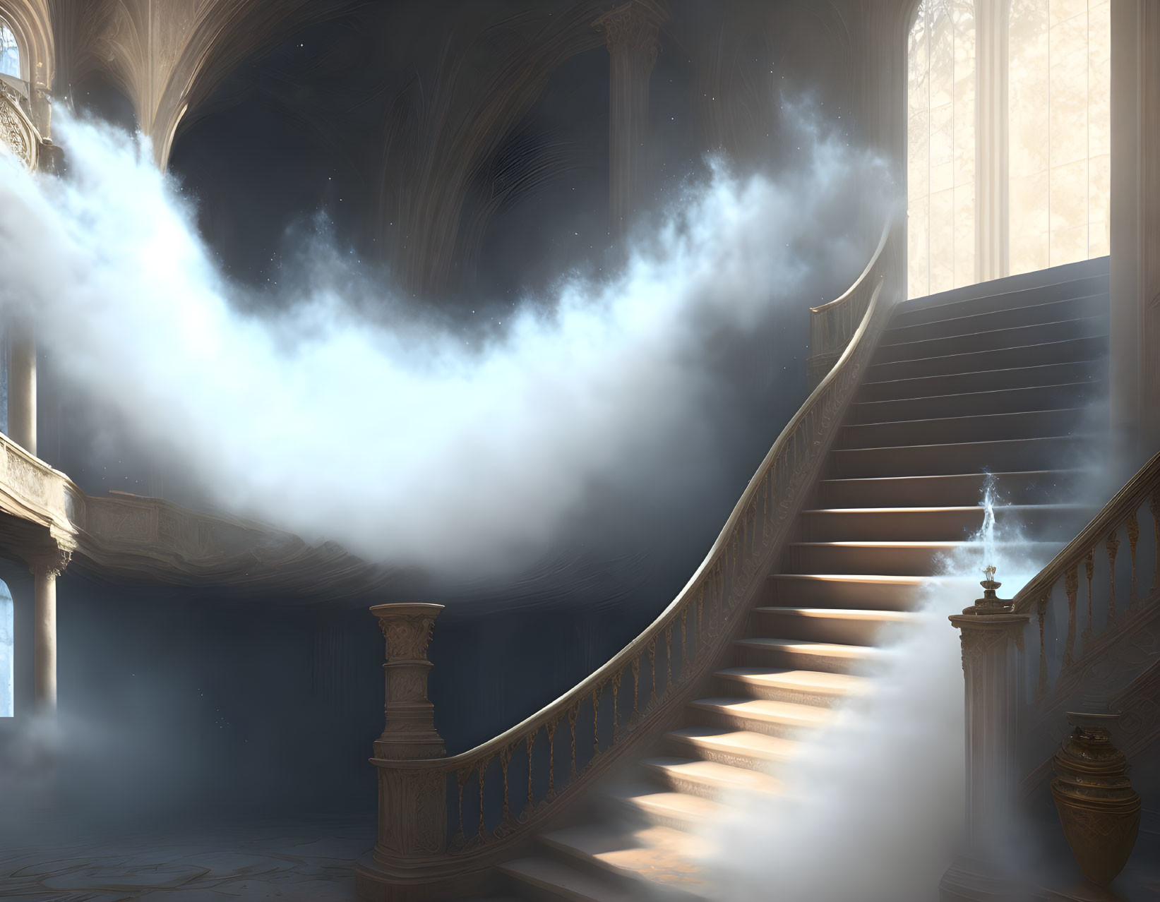 Sunlit Staircase Hall with Ethereal Mist and Ornate Balustrades