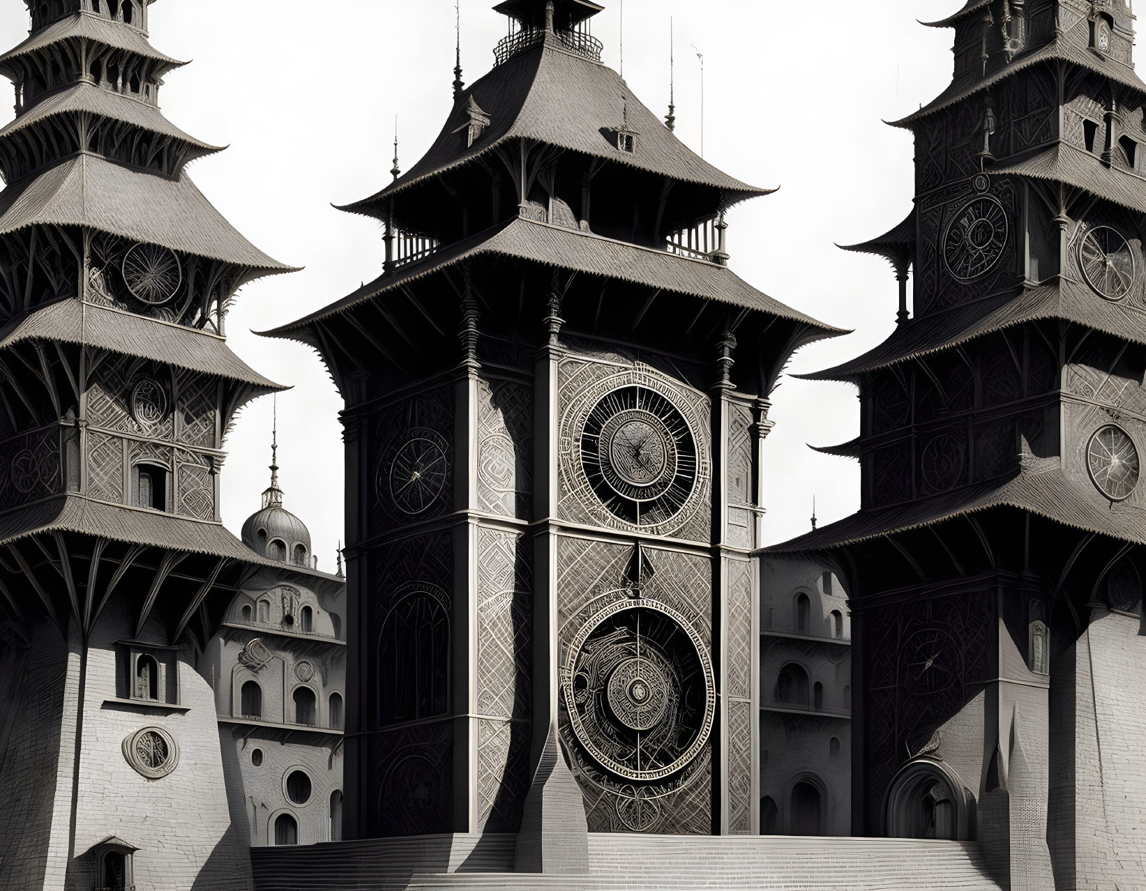 Detailed Black and White Architectural Photo with Elaborate Towers