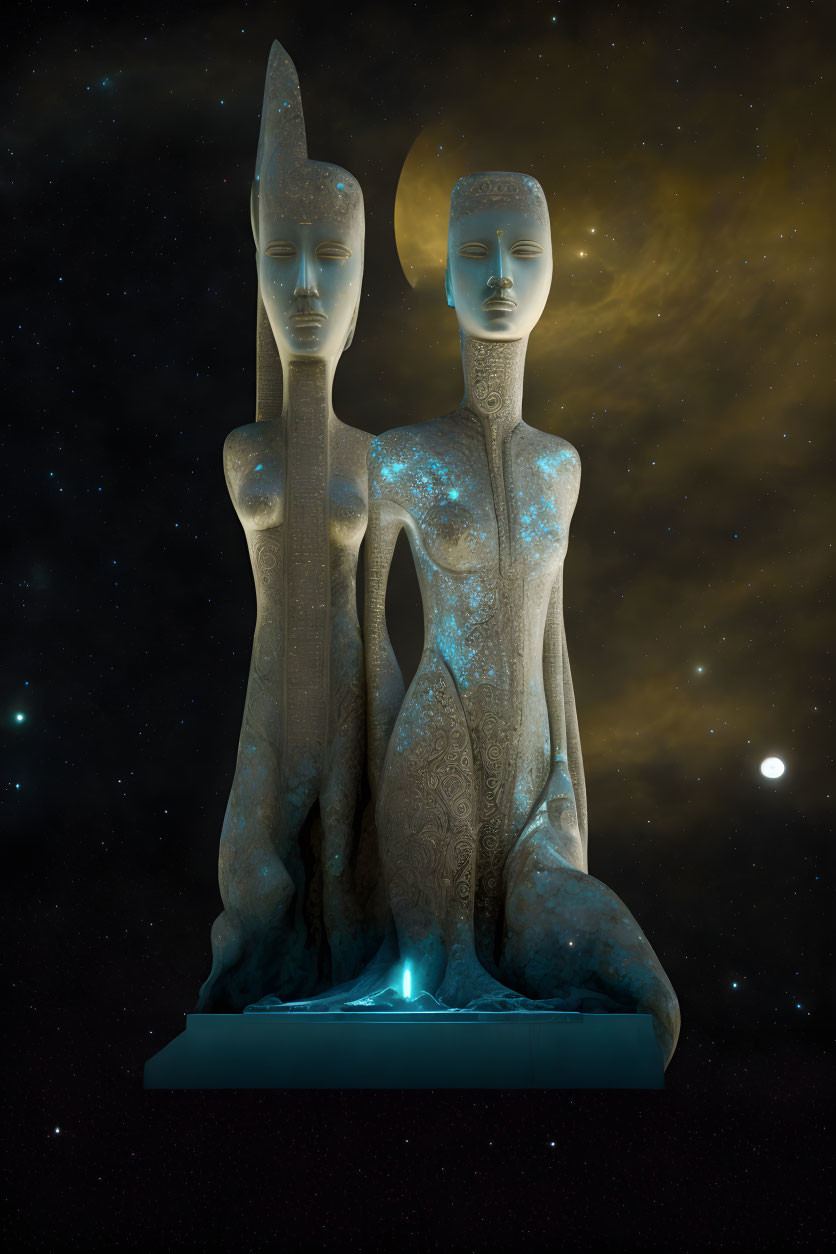 Elongated humanoid sculptures against starry night sky