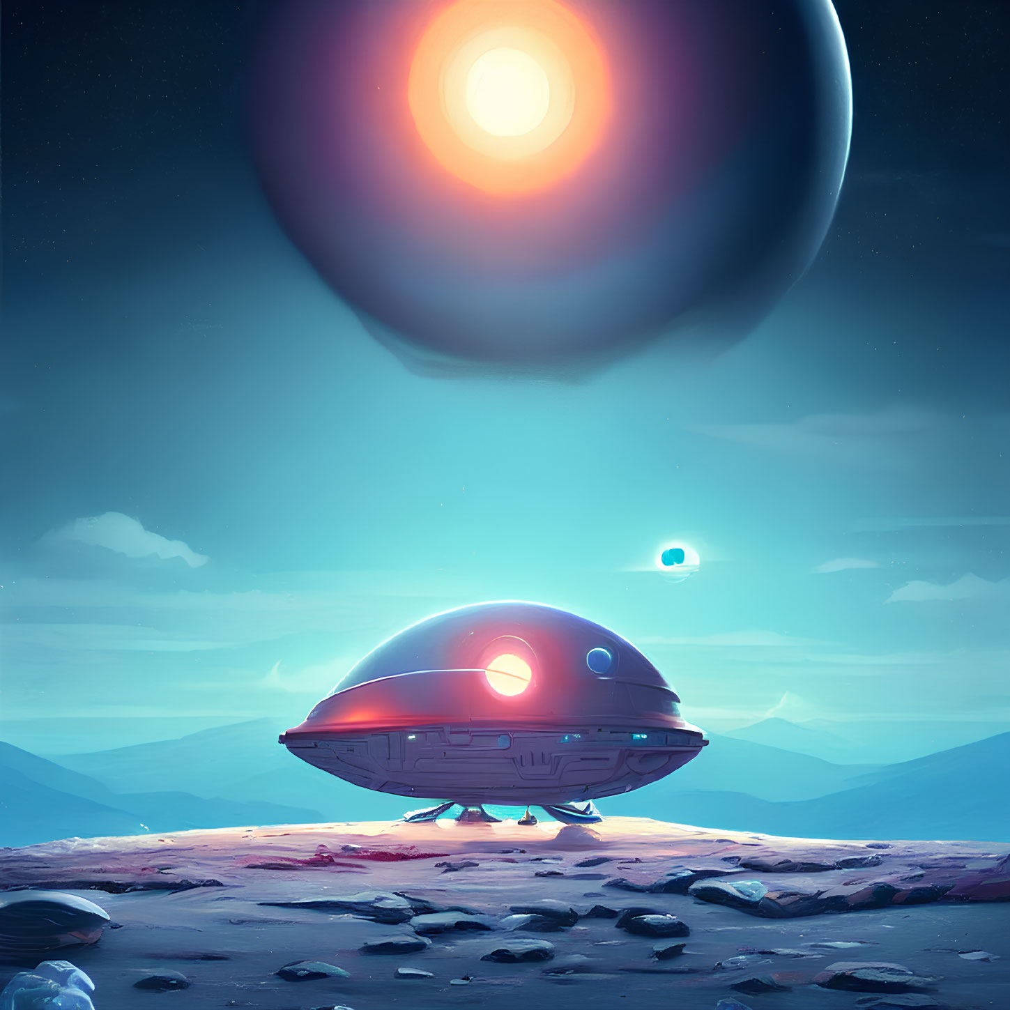 Futuristic spaceship on barren alien landscape with large sun & smaller celestial body