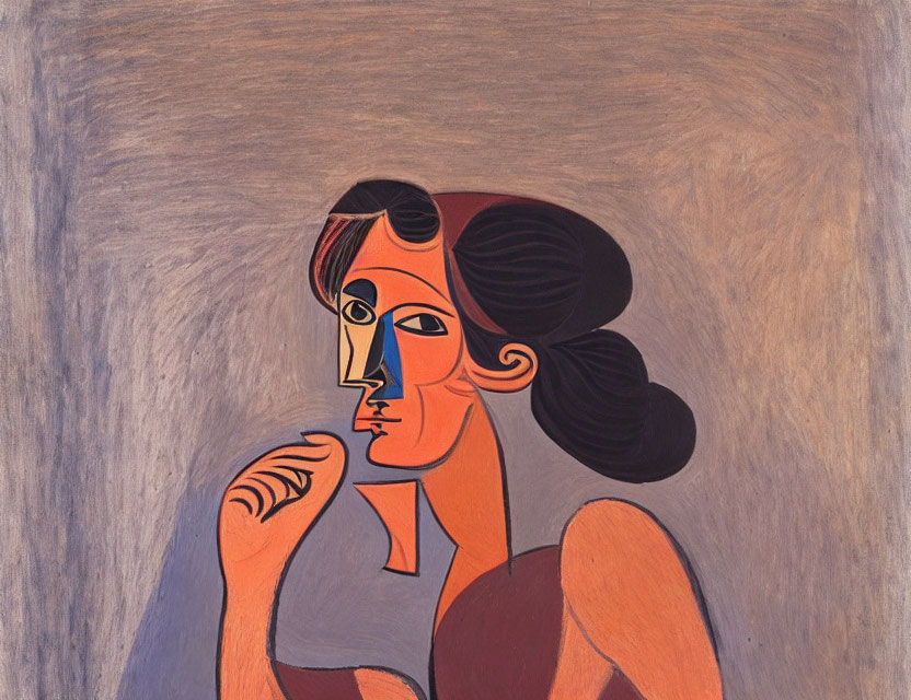 Abstract portrait of a woman with prominent eyes and thoughtful pose