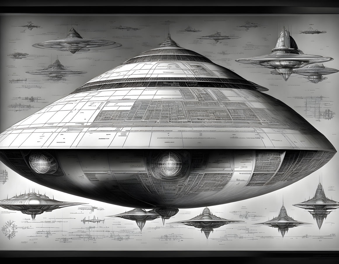 Detailed Schematic Illustrations of Futuristic Spaceship Designs