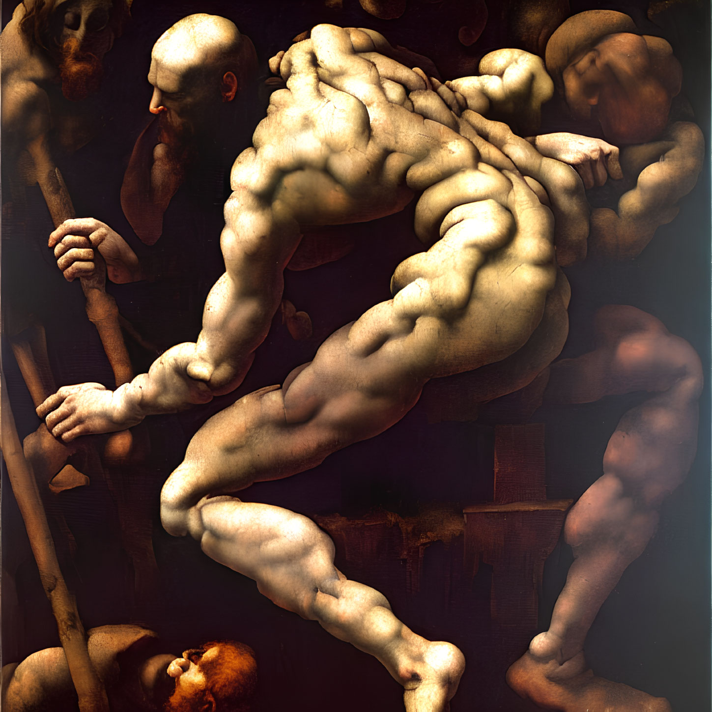 Muscular male figure in dynamic pose with obscured figures and staffs on dark backdrop