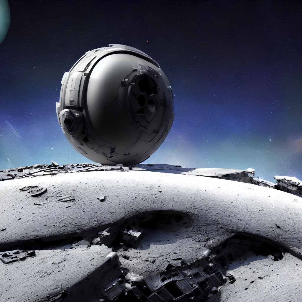 Spherical sci-fi spacecraft on rugged alien terrain with planet and stars