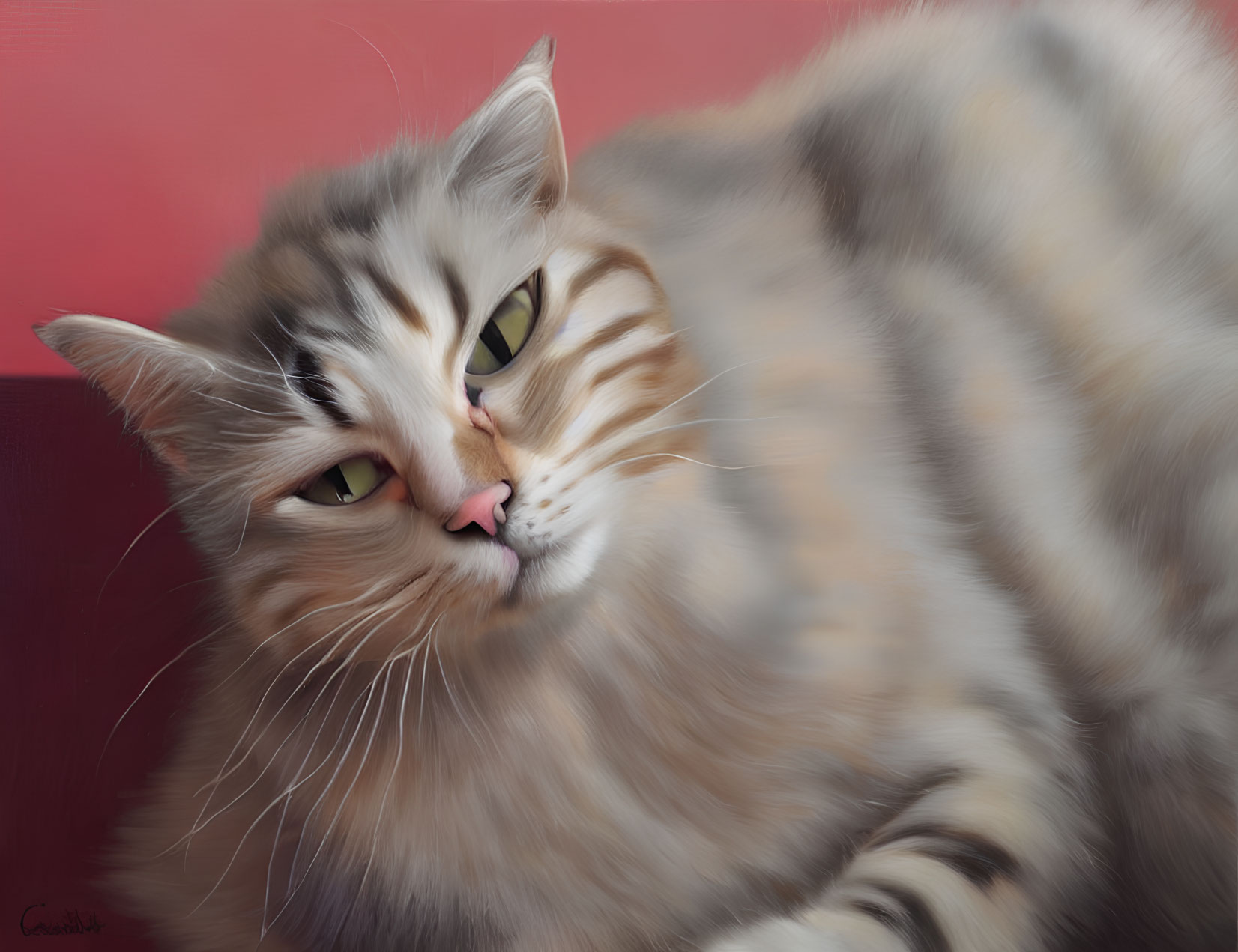 Fluffy cat with green eyes and pink nose on red background