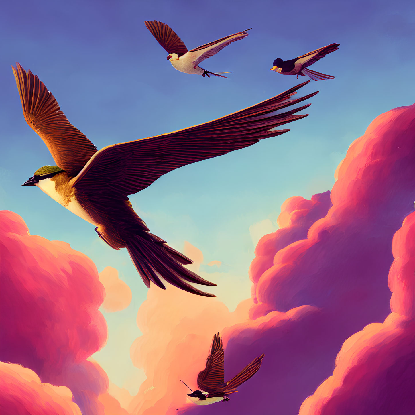 Three flying birds in vibrant sky with colorful clouds