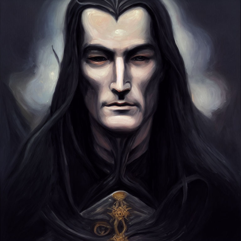 Illustration of pale man with long dark hair, dark eyes, and black outfit with gold emblem