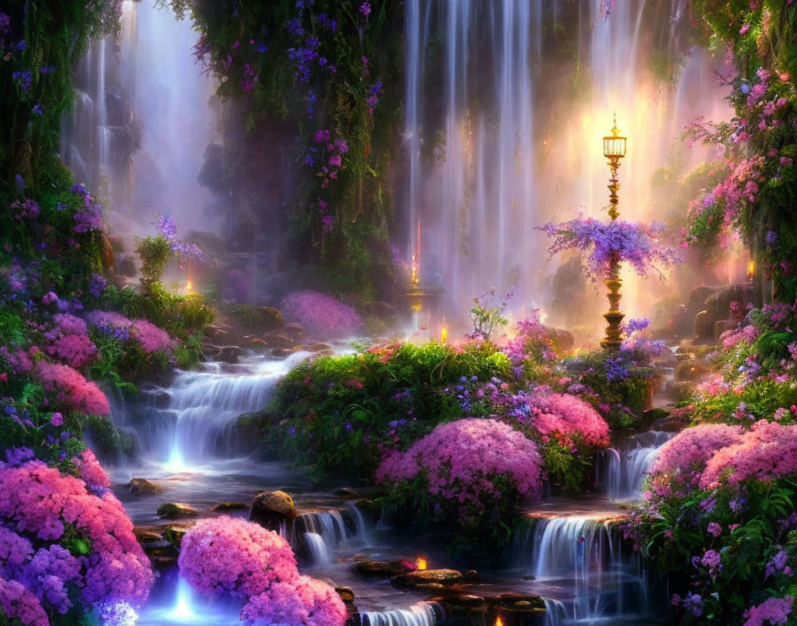 Mystical Garden with Purple Flowers, Waterfalls, and Lamp Posts