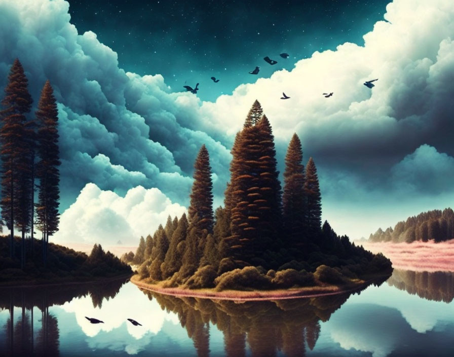 Tranquil landscape: mirror lake, tall trees, twilight sky