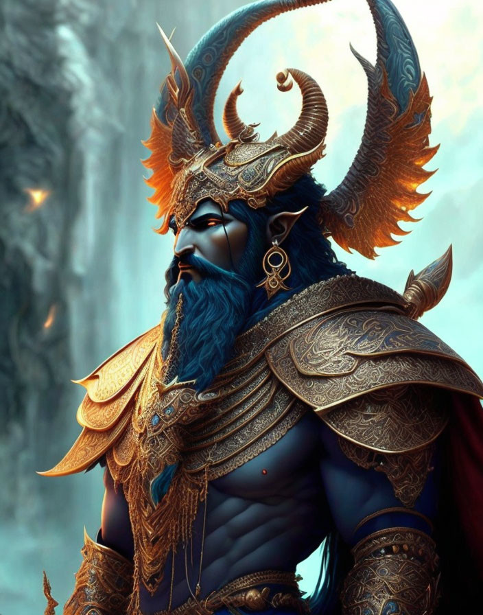 Blue-skinned male figure in golden armor with horns in misty forest.