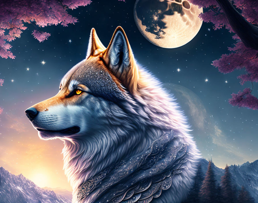 Wolf in twilight sky with pink blossoms, mountains, and full moon