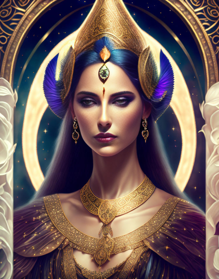 Illustration of majestic woman with blue hair, ornate crown, golden jewelry, mystical star backdrop