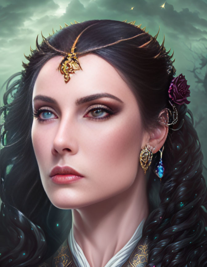 Digital portrait of woman with dark hair, striking makeup, ornate jewelry, and fantastical crown on