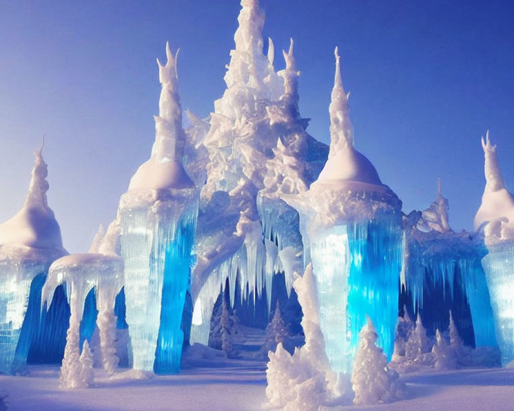 Winter Wonderland: Ice Castles and Snow-Covered Trees in Blue Light