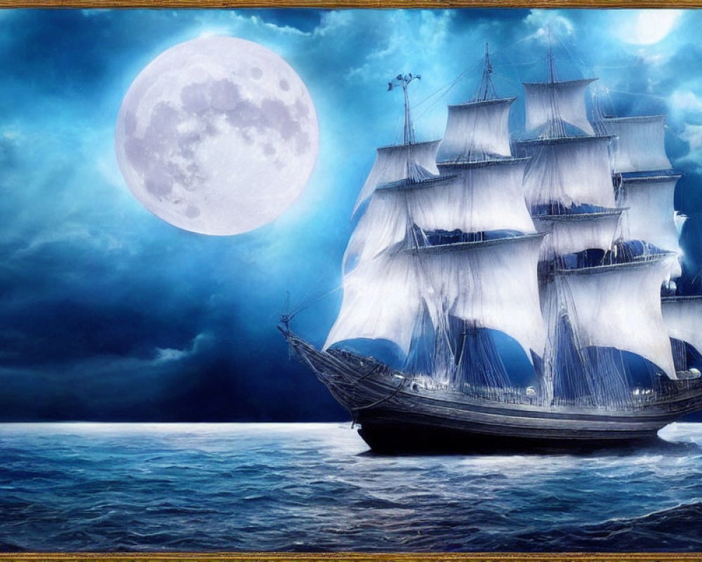 Sailing ship with billowing white sails under full moon