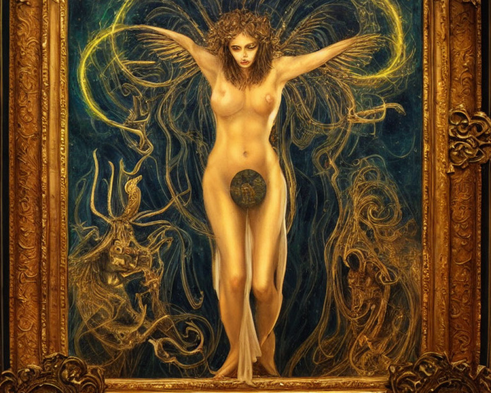 Gold-framed painting of nude female figure with outstretched wings and luminous patterns.