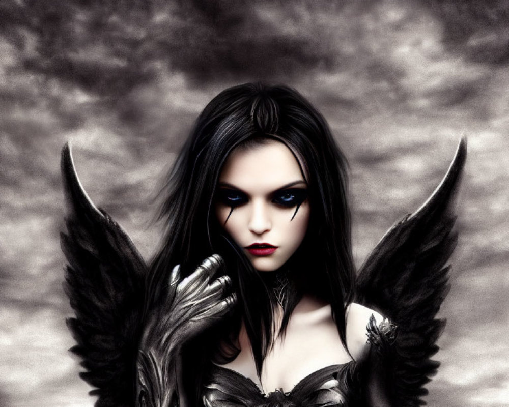 Dark Angel Wings Woman in Gothic Style Portrait