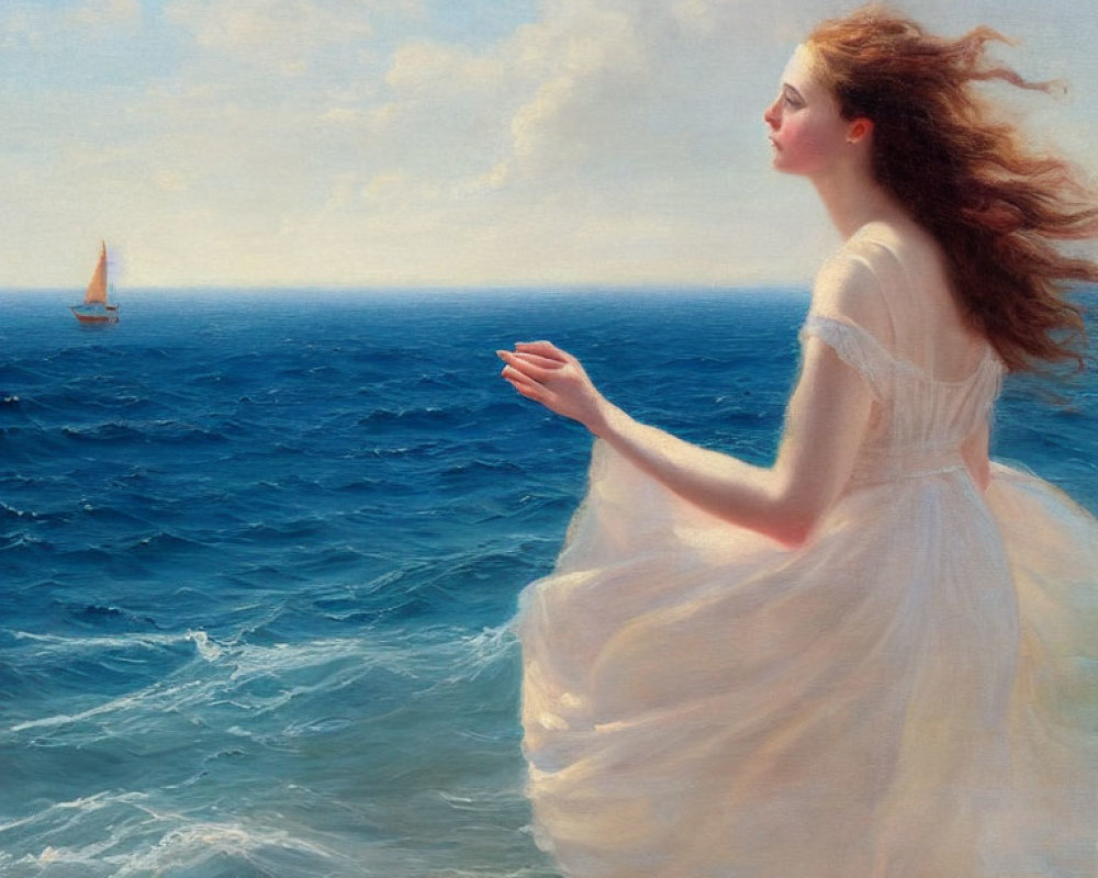 Woman in white dress by the sea with sailboat on horizon