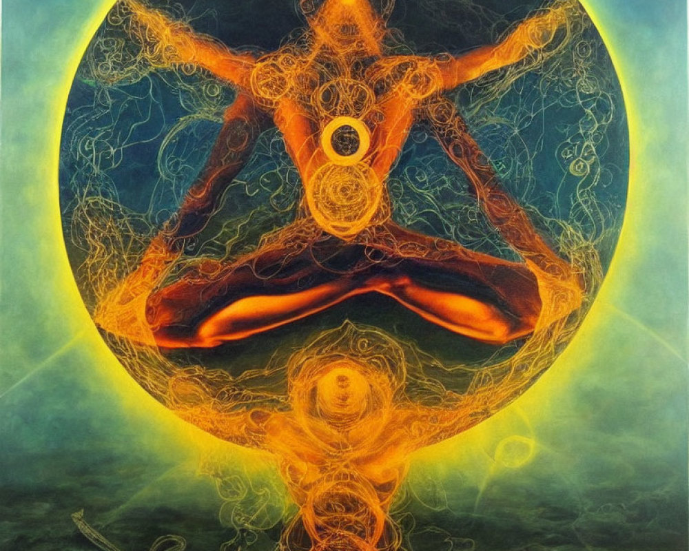 Abstract painting of figure in meditation pose with fiery patterns on circular backdrop