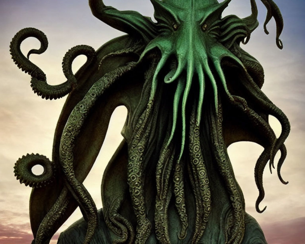 Mythical creature with green tentacled head in dramatic sky