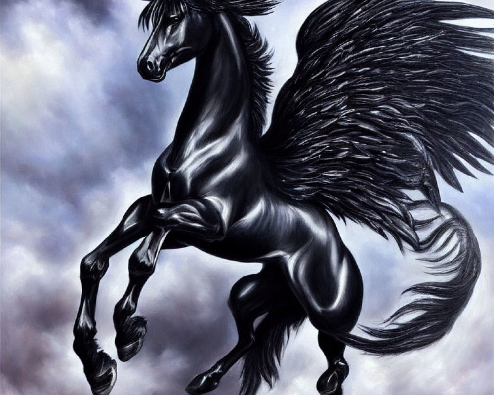 Black Pegasus Galloping in Moody Sky with Expansive Wings