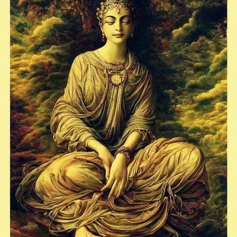 Woman in ornate attire meditates in lush forest setting