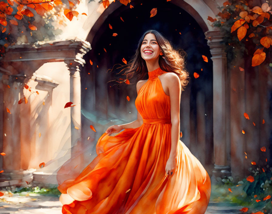 Woman twirls in orange dress among falling autumn leaves and classical arches.