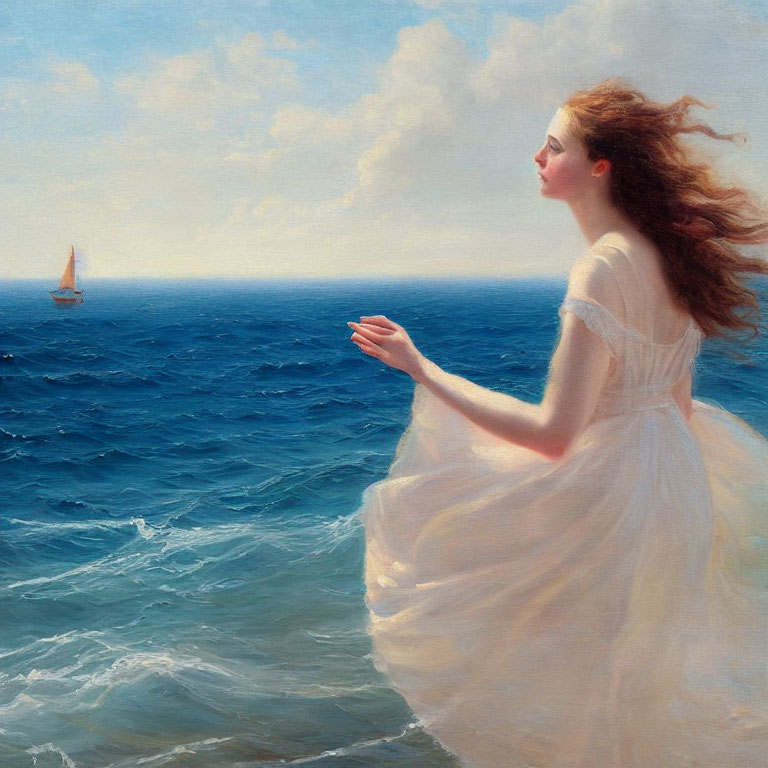 Woman in white dress by the sea with sailboat on horizon