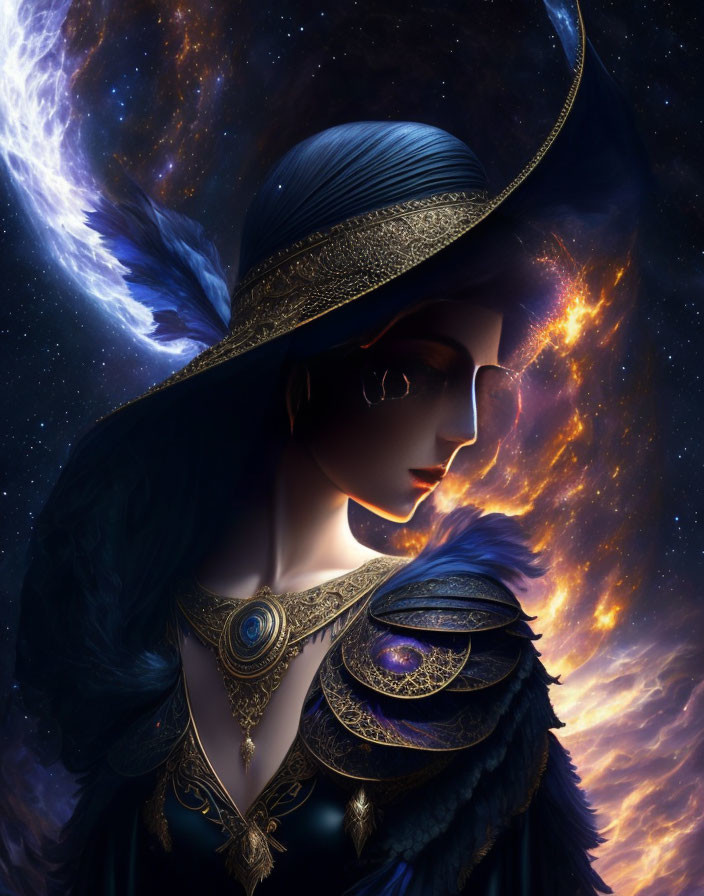 Profile of mystical woman in elaborate hat and cloak against cosmic backdrop