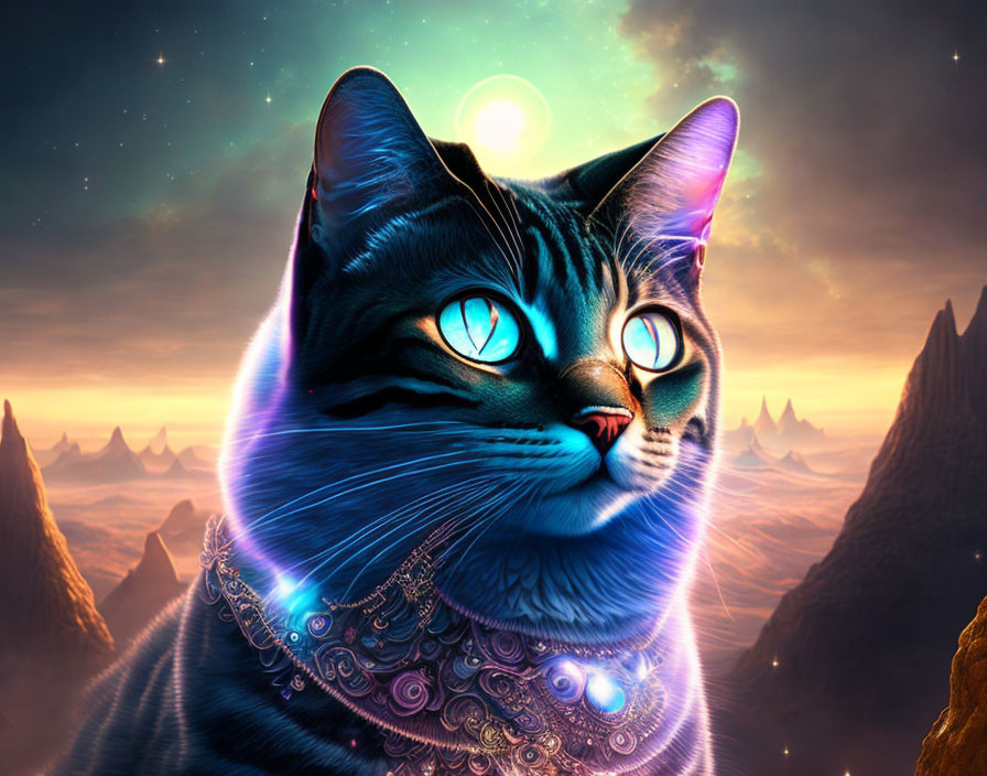 Blue-eyed cat digital artwork in cosmic setting with two suns