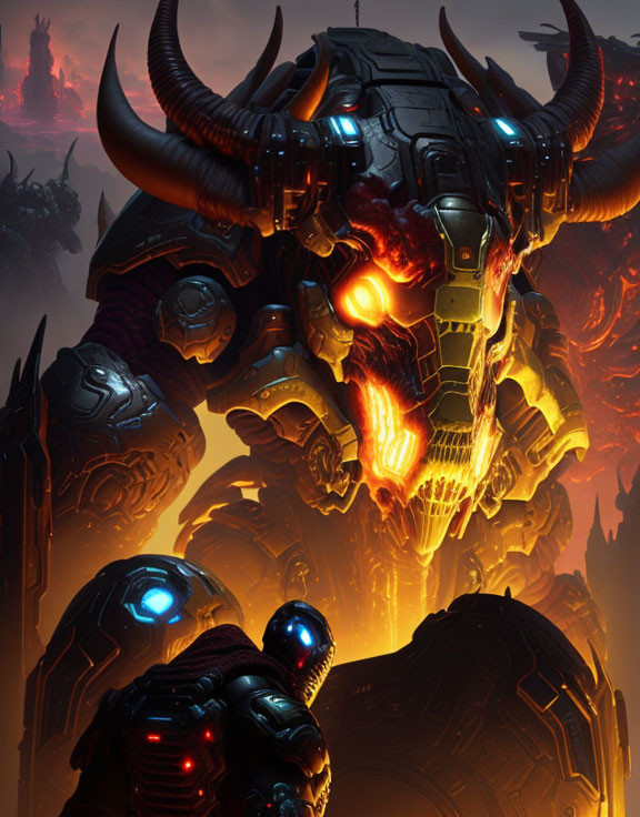 Detailed digital artwork: Mech with bull-like features, glowing eyes, and horns in a dystopian setting