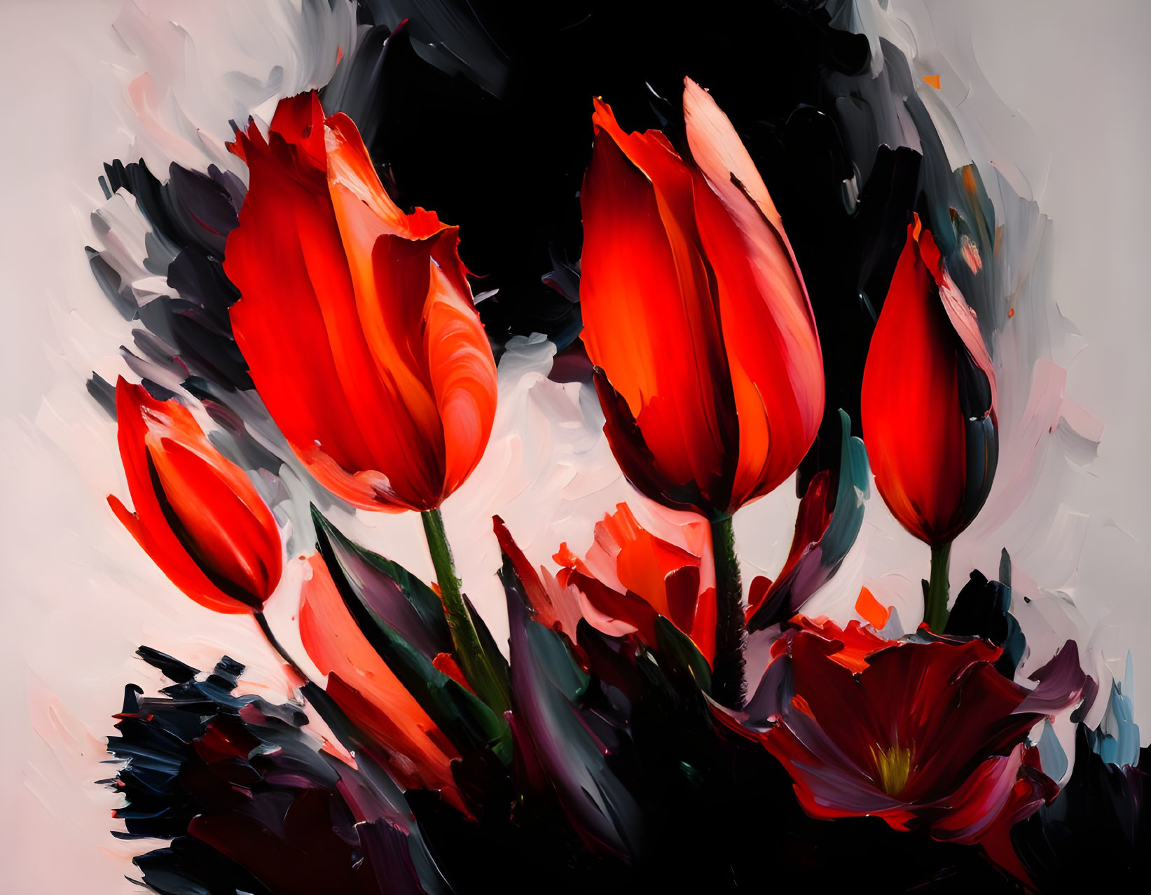 Vibrant digital painting: Red tulips with bold brush strokes