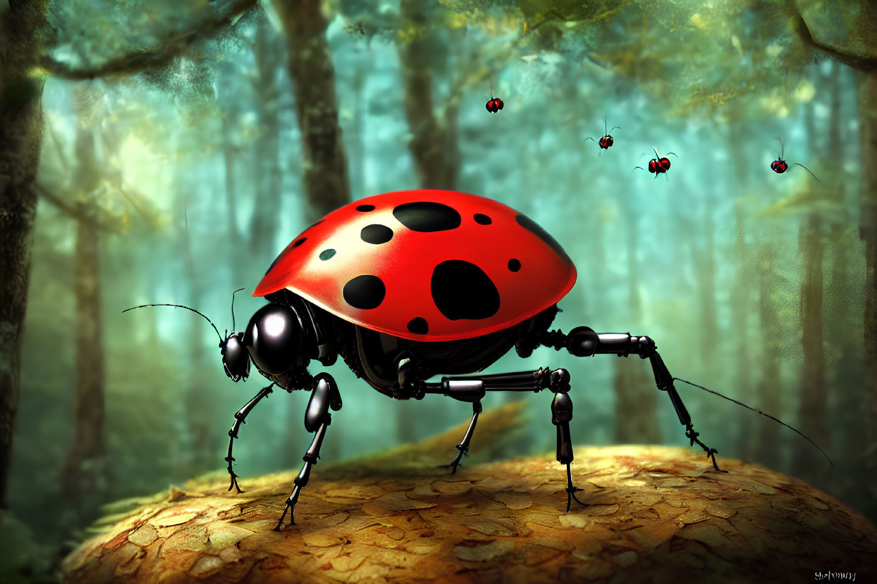 Detailed digital illustration of oversized ladybug on earthy mound in forest setting