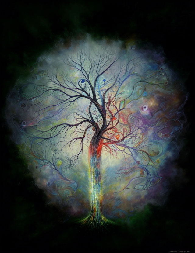 Colorful Tree with Intertwining Branches on Cosmic Background