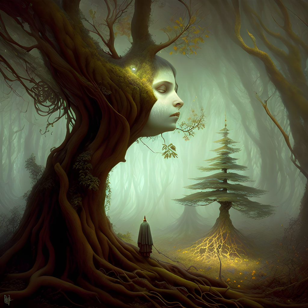 Ethereal forest scene with mystical tree and serene female face