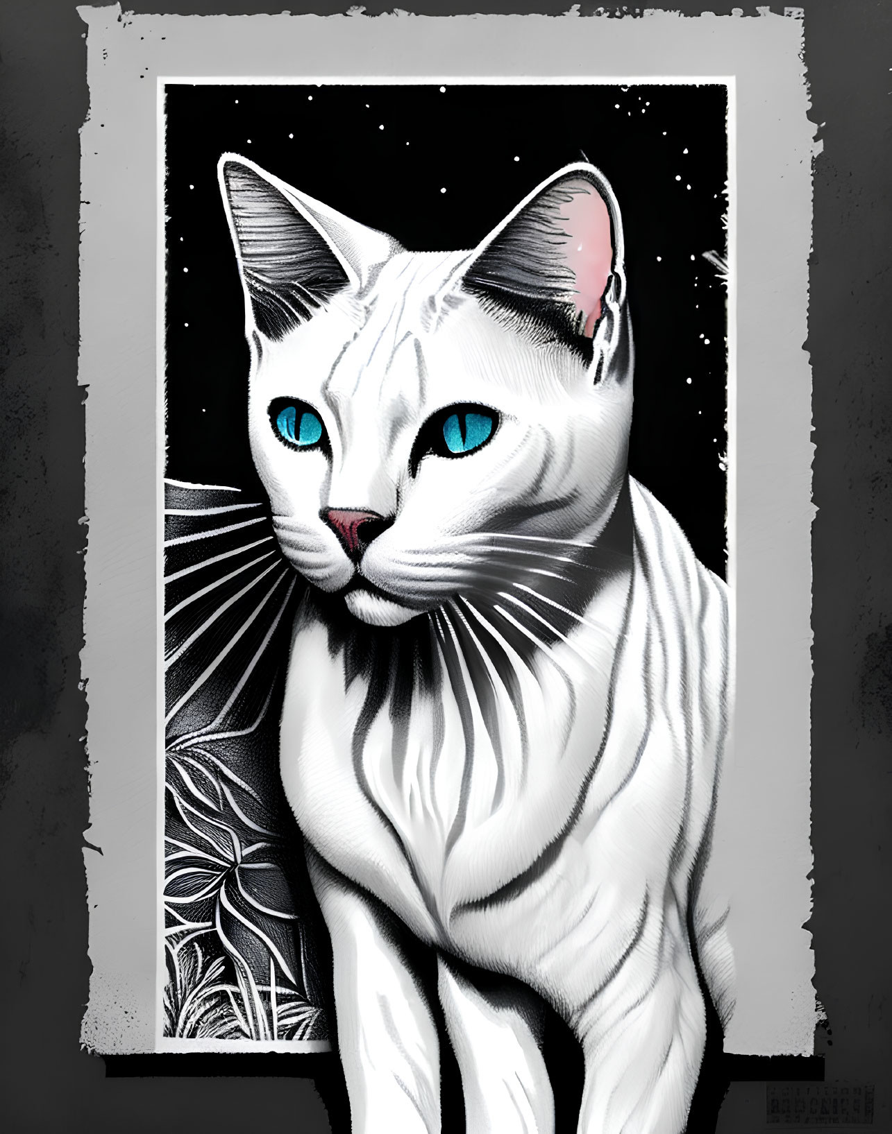 Vivid blue-eyed white cat portrait with bold black shading on speckled background