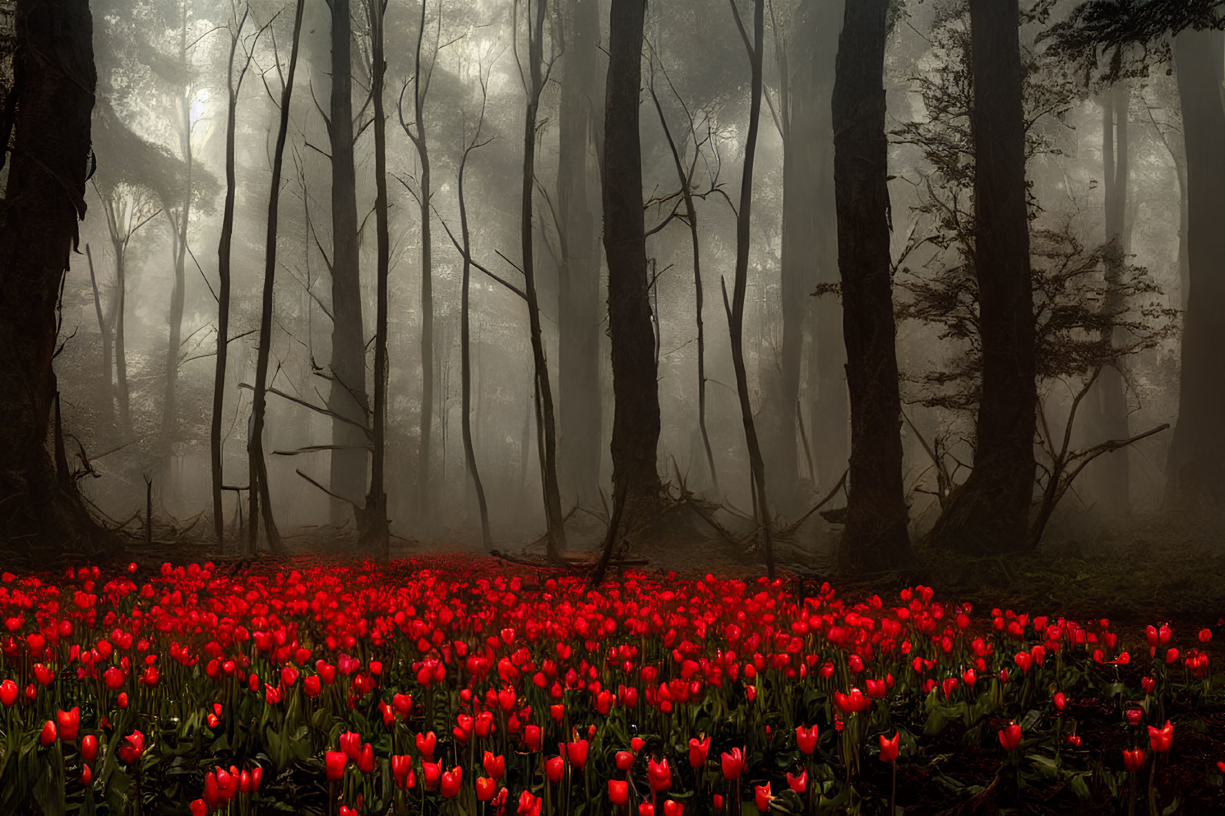 Misty forest with towering trees and red tulips under soft light