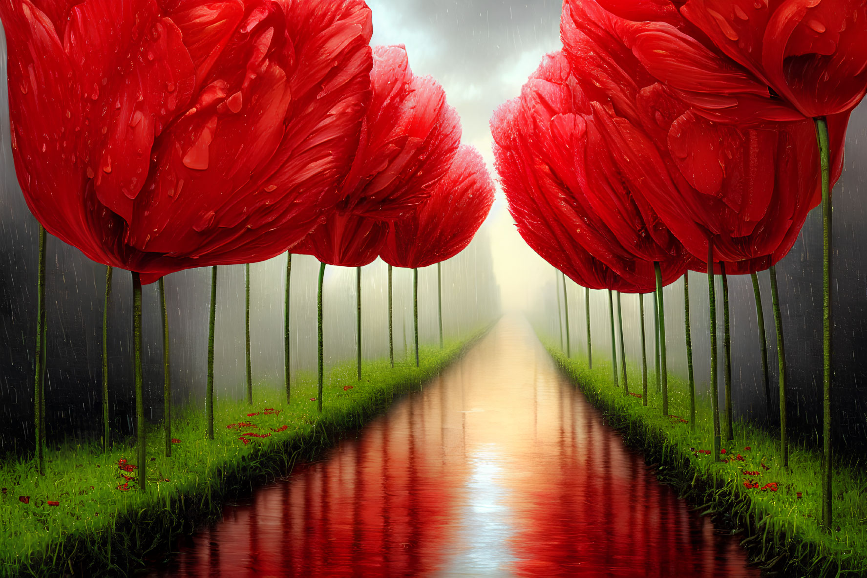 Surreal landscape with giant red tulips and reflective pathway under transitioning sky