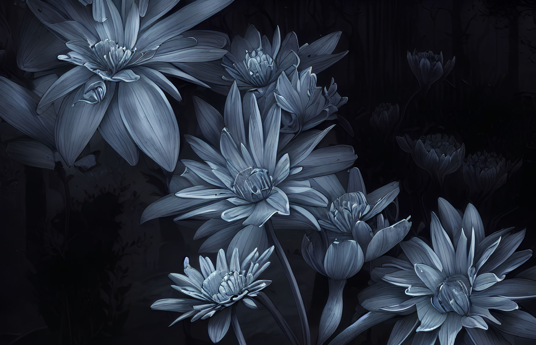 Monochrome image of blooming flowers with layered petals on dark background