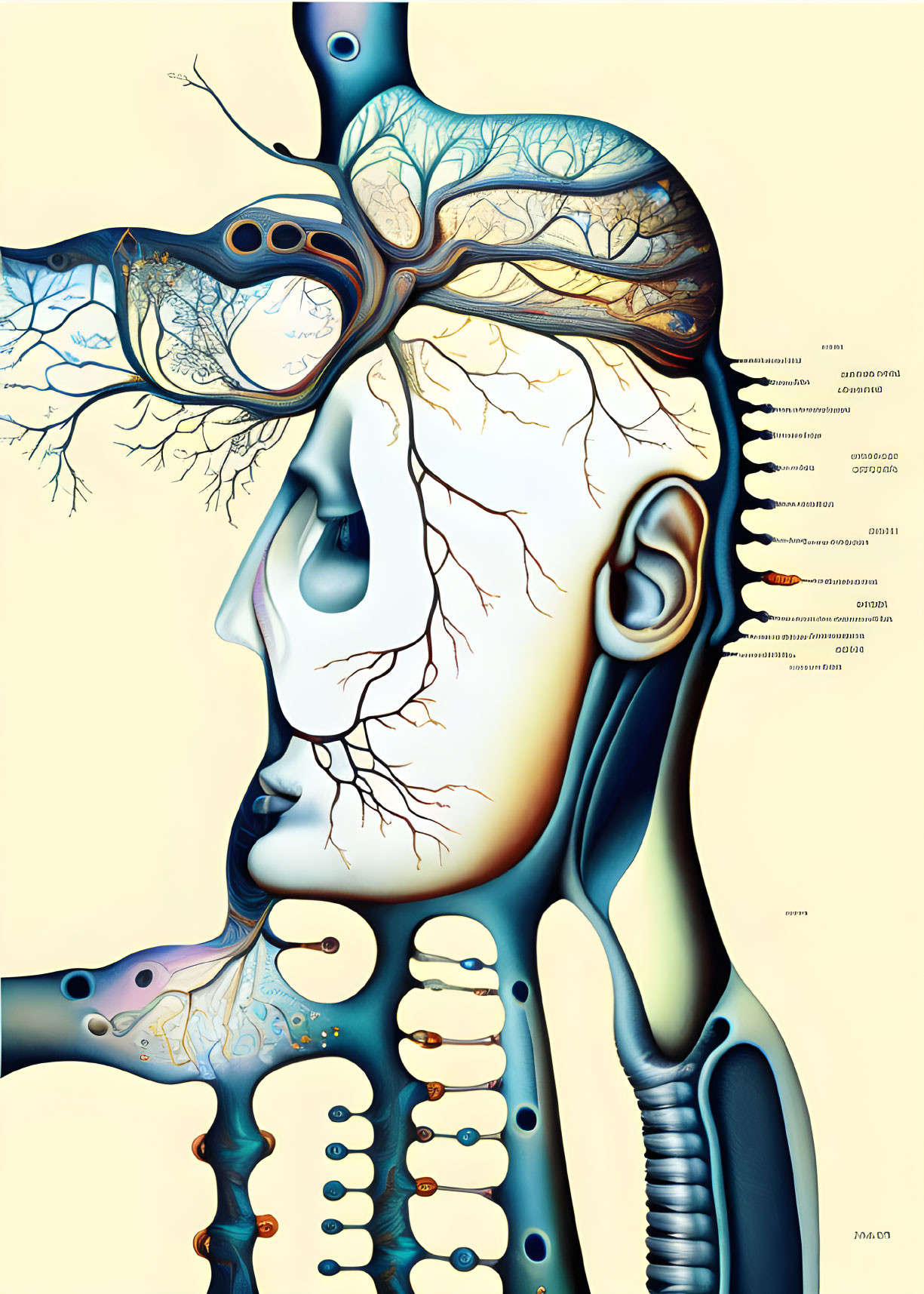 Detailed Human Head and Neck Anatomy Illustration with Muscular, Skeletal, Nervous, and