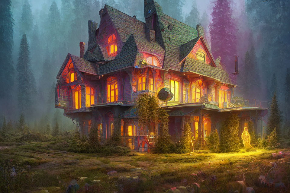 Enchanting forest house with glowing windows at twilight