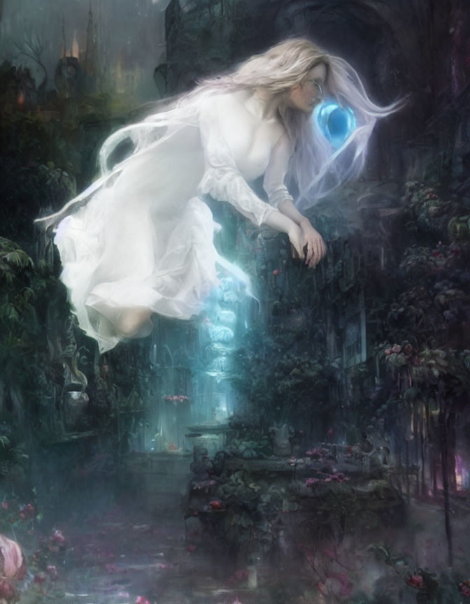 Mystical woman in white dress above overgrown city with blue orb