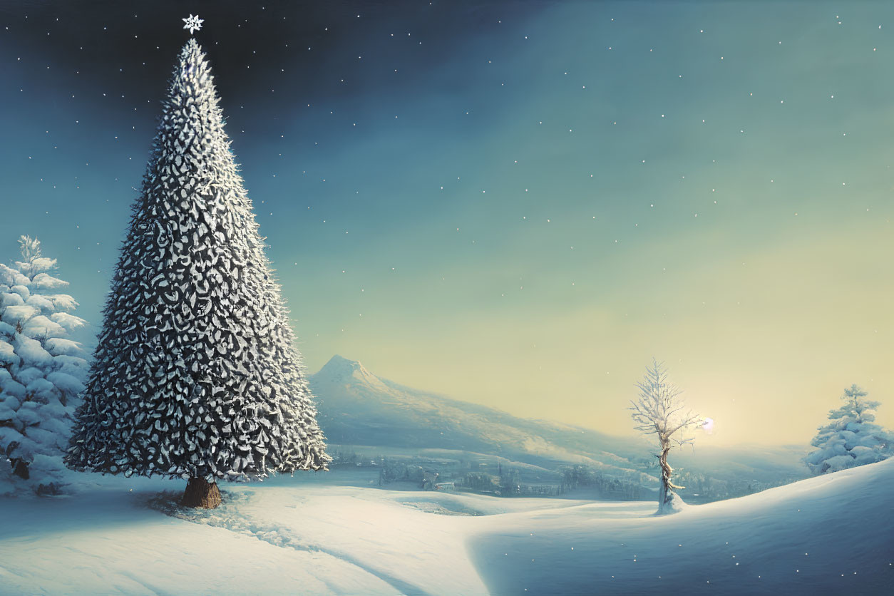 Snowy landscape with large pine tree, glowing smaller tree, and starry sky.