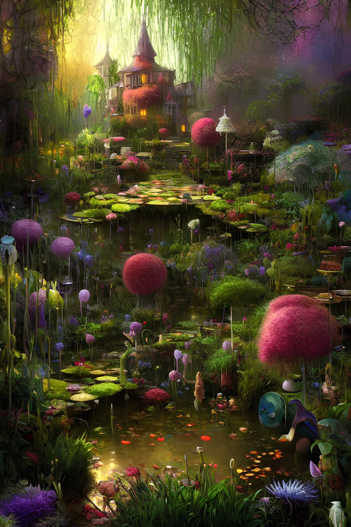 Whimsical garden with pond, cottage, mushrooms, and lights